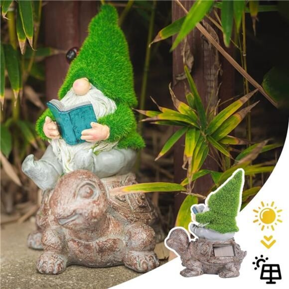 Garden Gnome Sitting on Turtle Outdoor Statues and Sculpture with Solar Lights - Picture 2 of 7